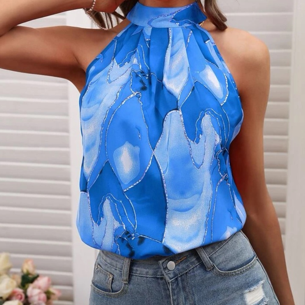New blue white sleeveless halter top - Picture 3 of 6